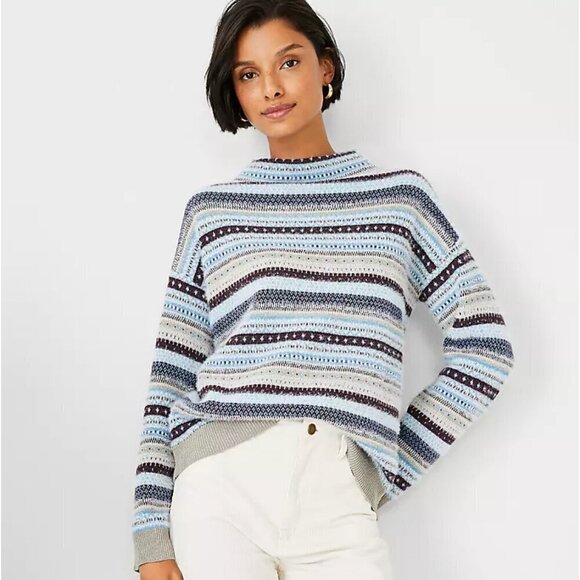 Ann Taylor Sparkle Fair Isle Funnel Neck Sweater Eyelash Fabric Size Large - Picture 1 of 12